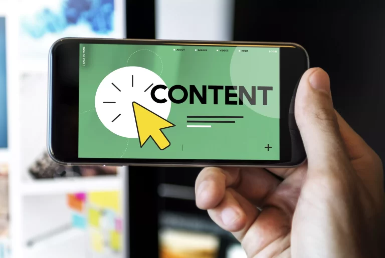 Person holding a tablet that reads “CONTENT,” representing professional content writing services.