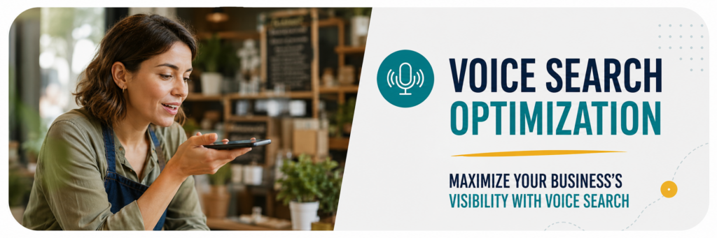 Woman speaking at a bistro next to "Voice Search Optimization" text