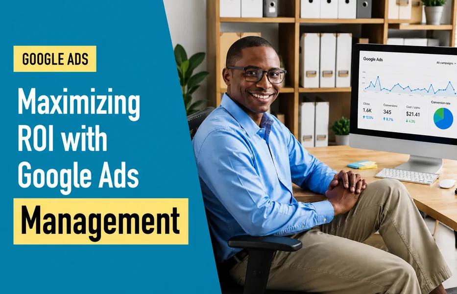 Business professional reviewing Google Ads performance metrics and ROI data.
