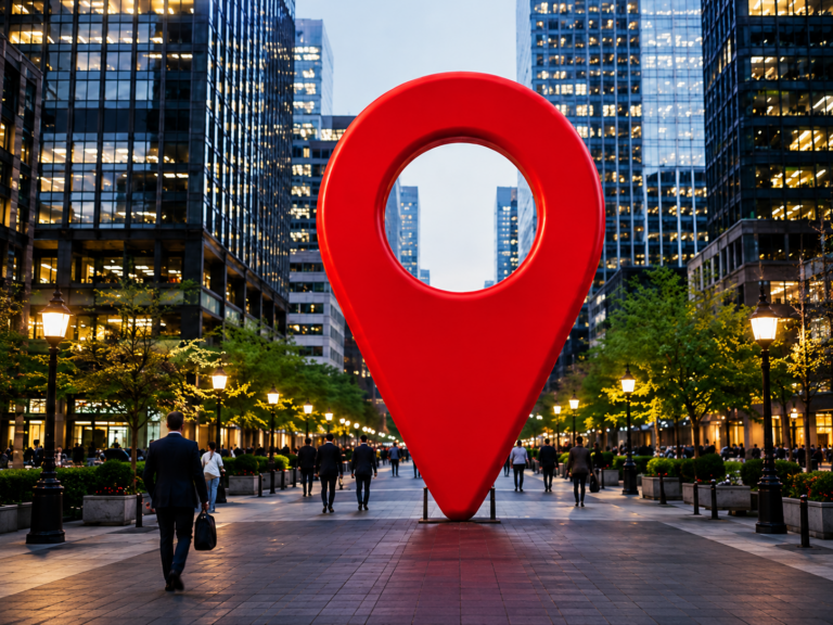 Red location pin marking a spot in a city plaza, representing local SEO