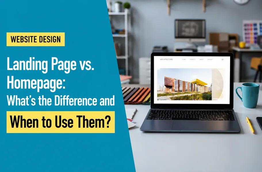 Website design workspace showing the difference between a landing page and a homepage.