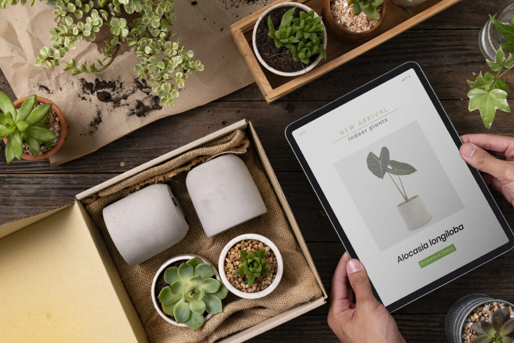 A tablet displaying a product page for indoor plants, representing an ecommerce landing page vs homepage layout strategy.