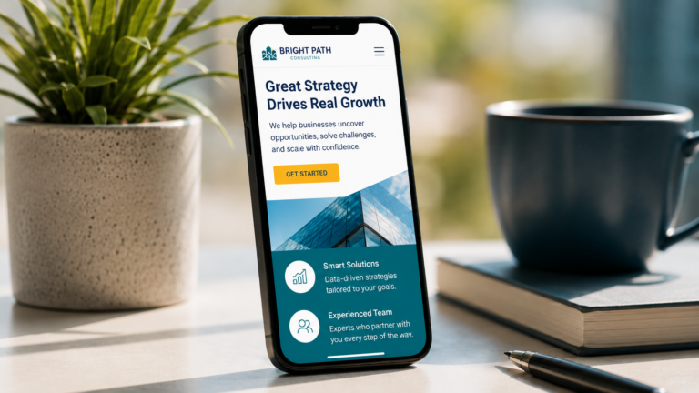 "Bright Path Consulting" strategy content shown on a smartphone