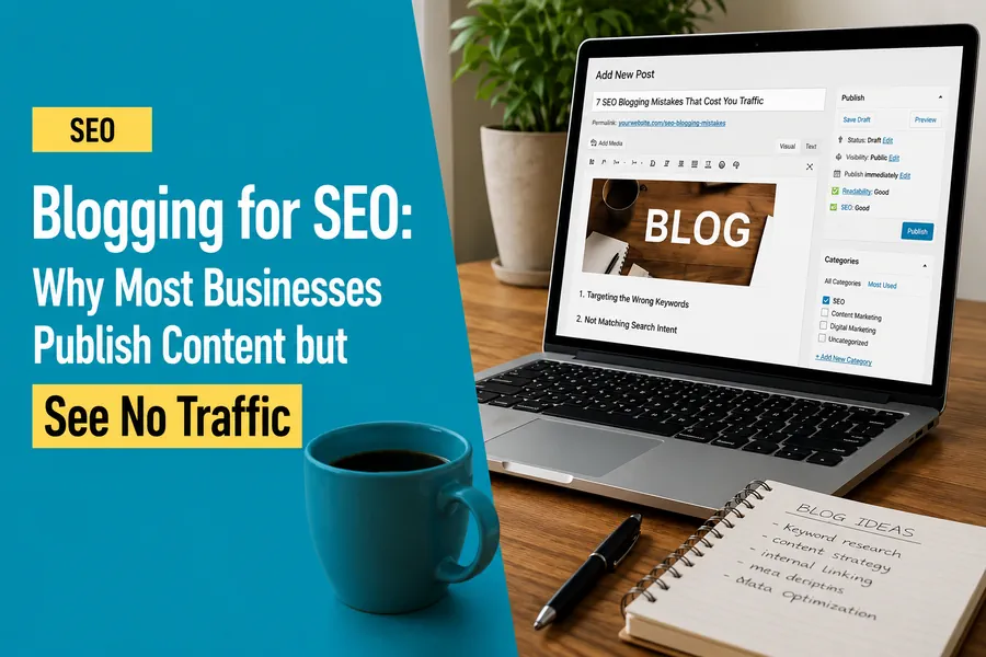 Laptop displaying a business blog article about blogging for SEO and increasing website traffic.