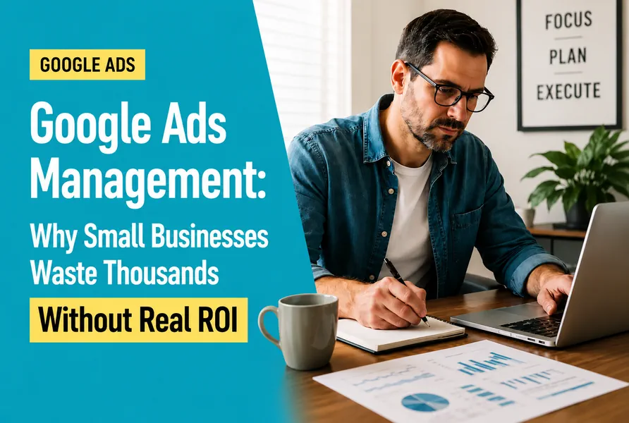 Business owner reviewing Google Ads campaign data and ROI metrics on a laptop.