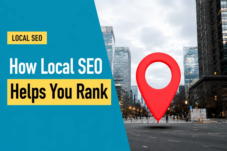 Local SEO map marker graphic showing how businesses improve rankings in local search results.