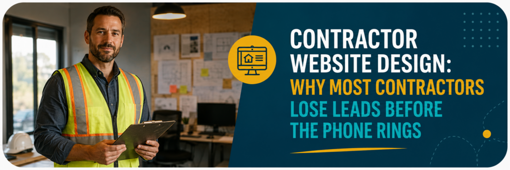 Contractor in a safety vest holding a clipboard, next to "Contractor Website Design: Why Most Contractors Lose Leads Before The Phone Rings" text