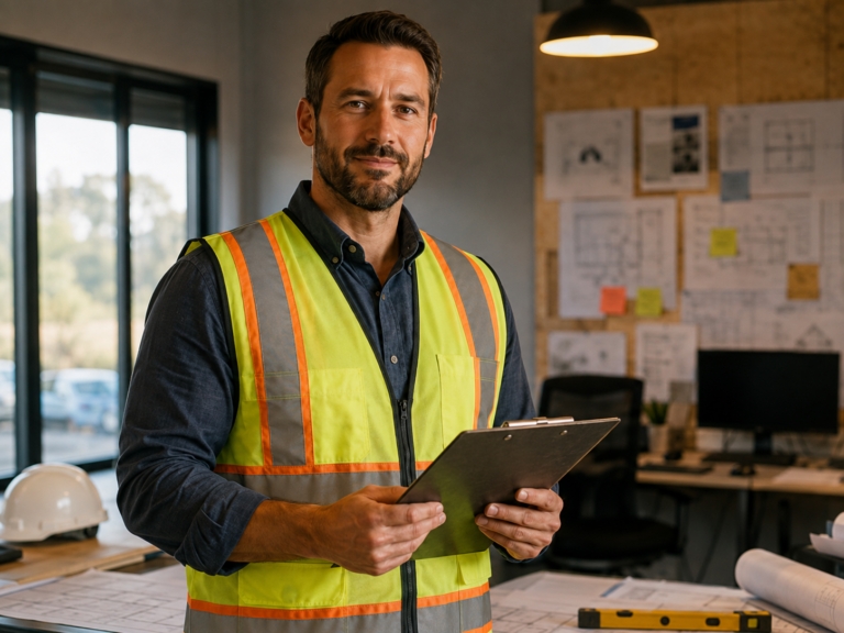 Professional in an engineering office reviewing blueprints