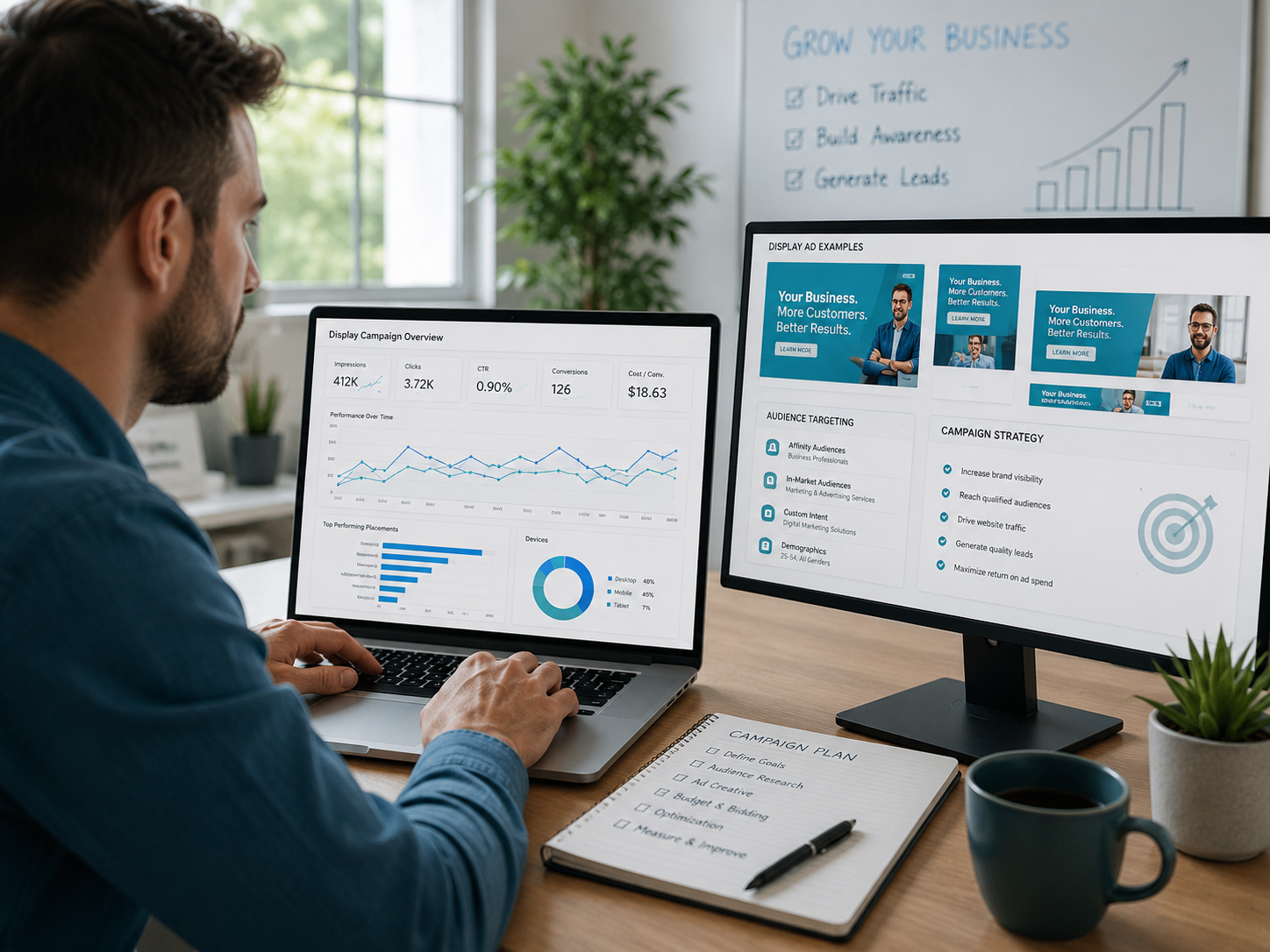 Google Ads Display campaign dashboard with ad examples, audience targeting, and campaign strategy