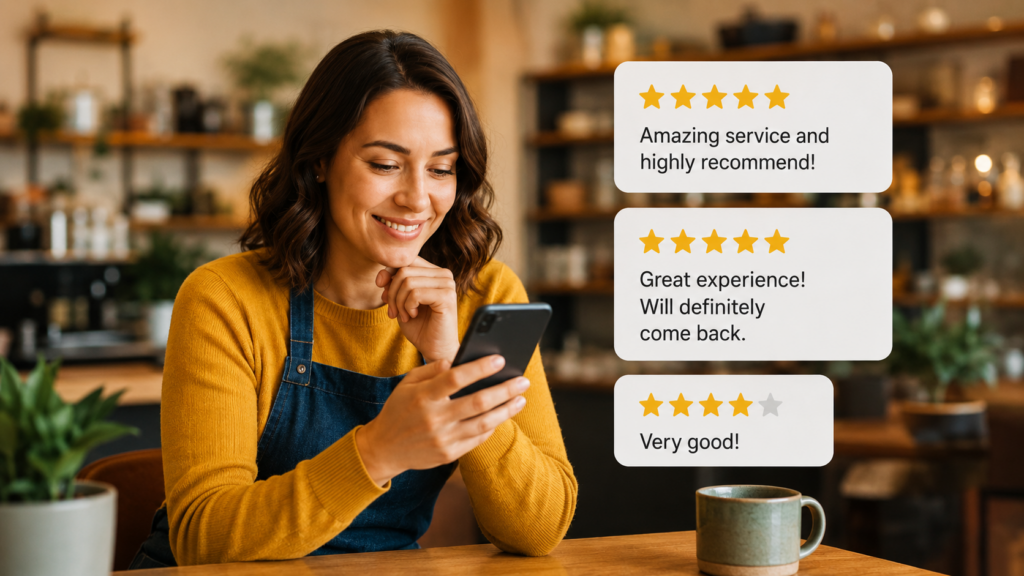 Smiling barista at a cozy cafe, representing customer reviews
