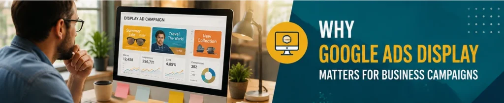 Man reviewing a Google Ads display campaign dashboard, next to "Why Google Ads Display Matters for Business Campaigns" text